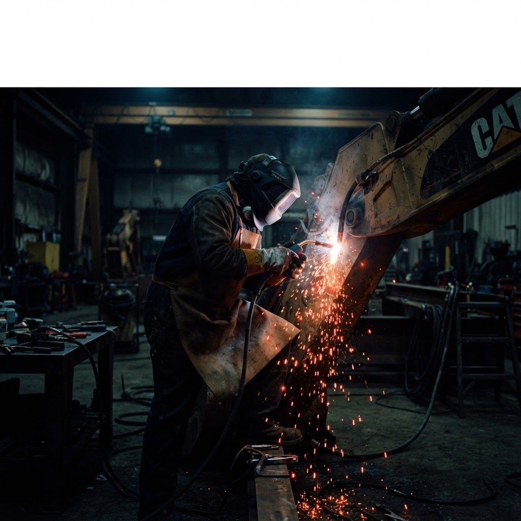 Welder repairing heavy equipment with sparks flying